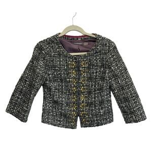 Boden Limited Edition Tweed Wool Blend Blazer Women's Sz 4 Gray Embellished Crop